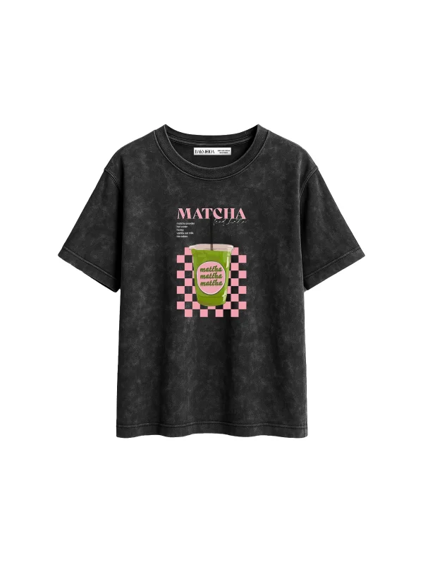 Matcha Iced Latte Baskılı Relaxed Fit Yıkamalı Siyah Kadın Tshirt