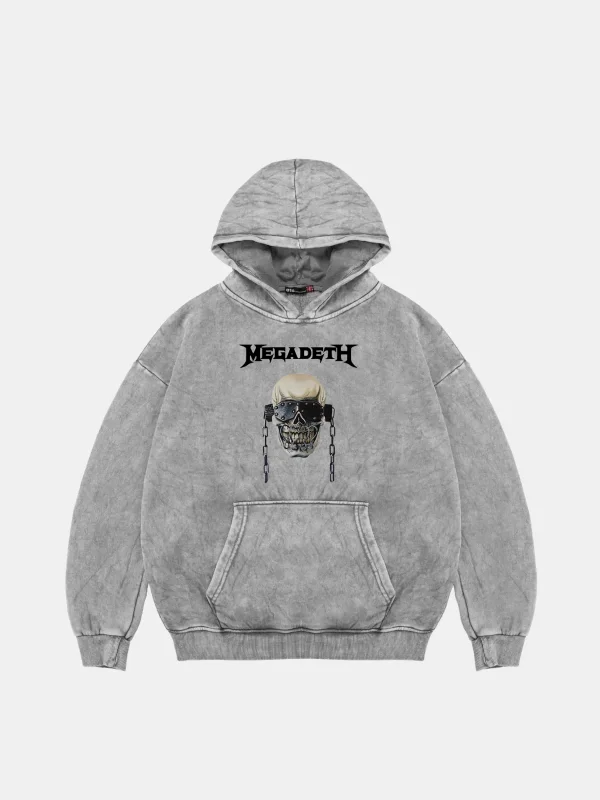 Megadeth Baskılı Oversize Unisex Yıkamalı Beyaz Hoodie