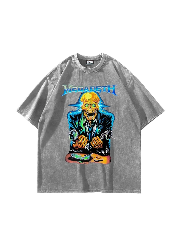 Megadeth Electric Baskılı Yıkamalı Beyaz Oversize Tshirt