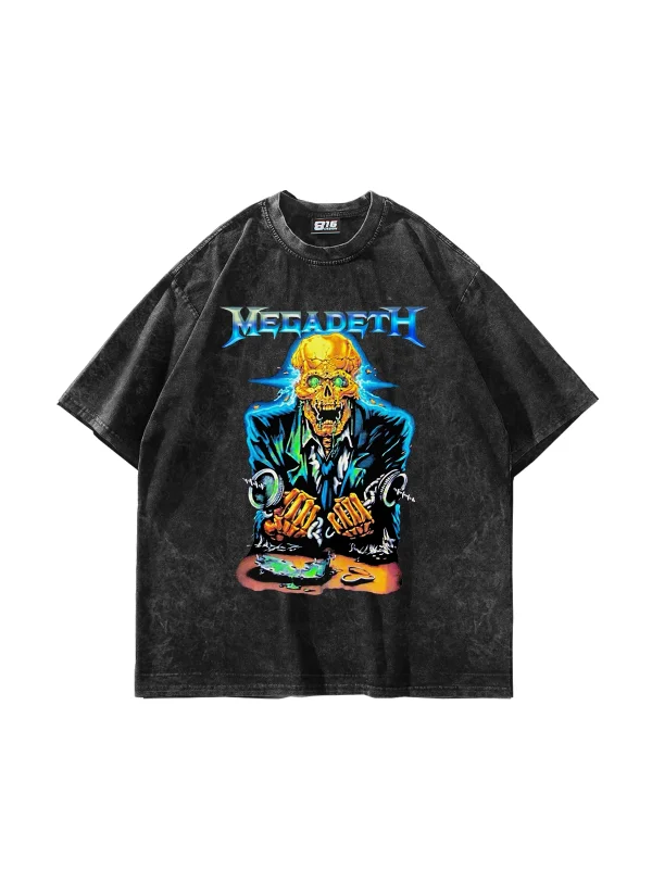 Megadeth Electric Baskılı Yıkamalı Siyah Oversize Tshirt