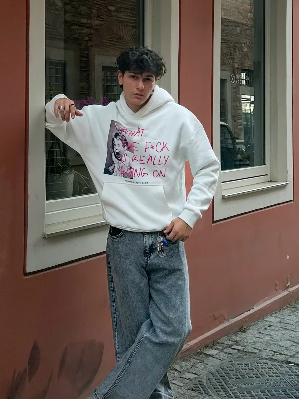 What The F*ck Baskılı Oversize Unisex Beyaz Hoodie