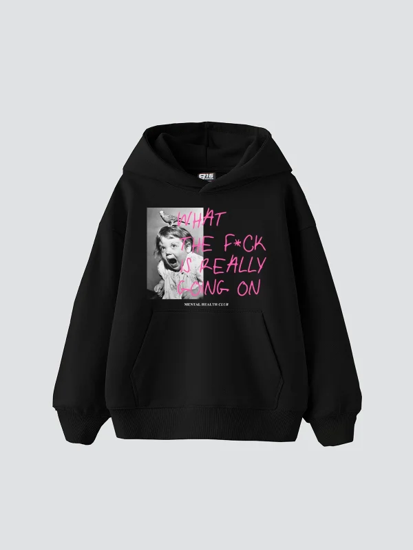 What The F*ck Baskılı Oversize Unisex Siyah Hoodie