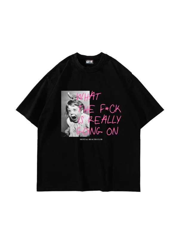 What The F*ck Baskılı Oversize Unisex Siyah Tshirt