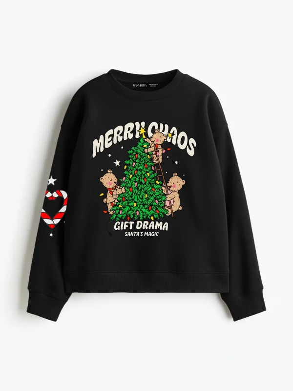 Merry Chaos Baskılı Kapüşonsuz Relaxed Fit Kadın Siyah Sweatshirt