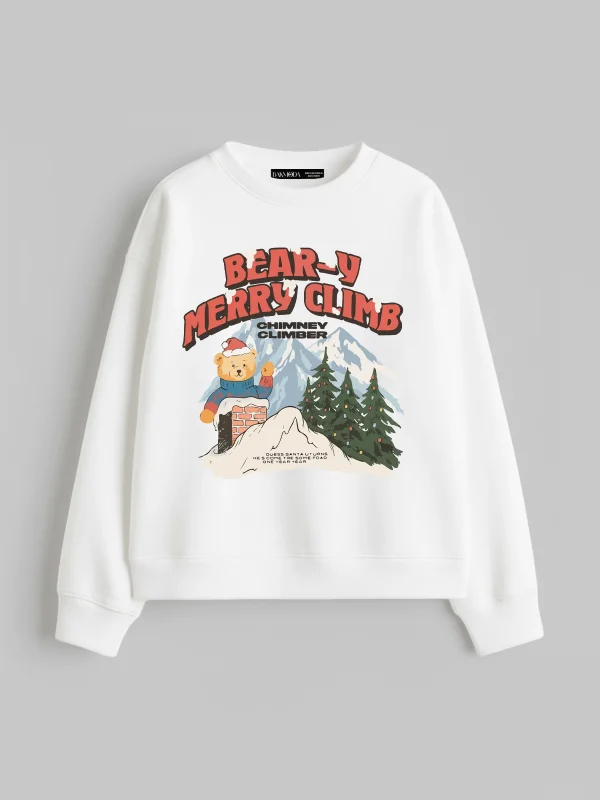Merry Climb Baskılı Kapüşonsuz Relaxed Fit Kadın Beyaz Sweatshirt