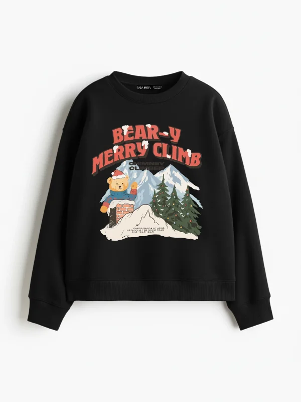 Merry Climb Baskılı Kapüşonsuz Relaxed Fit Kadın Siyah Sweatshirt