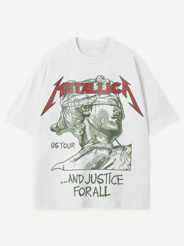 Metallica Justice Tour Baskılı Beyaz Oversize Tshirt