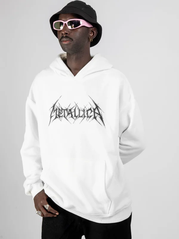 Metallica Logo Baskılı Oversize Unisex Beyaz Hoodie