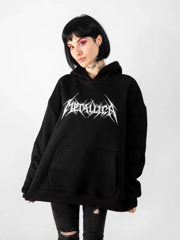 Metallica Logo Baskılı Oversize Unisex Siyah Hoodie
