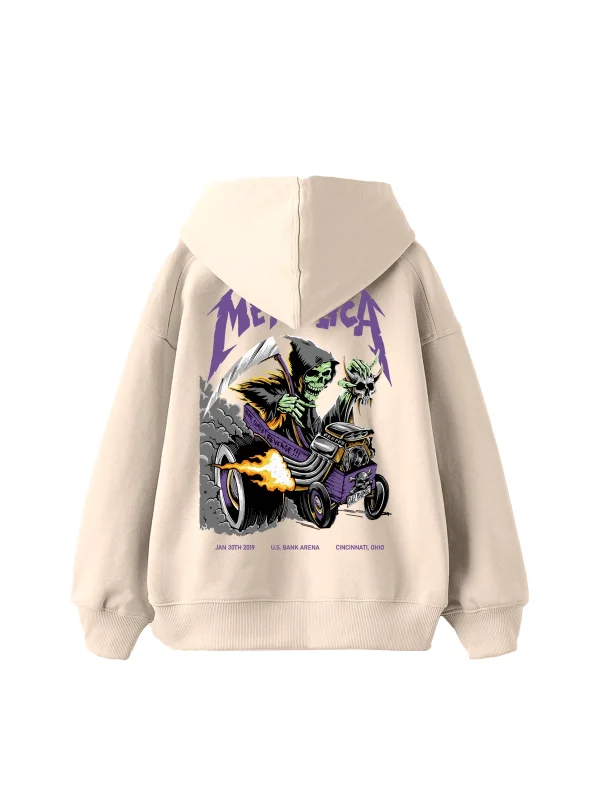 Metallica Mor Sırt Baskılı Bej Oversize Kapüşonlu Hoodie
