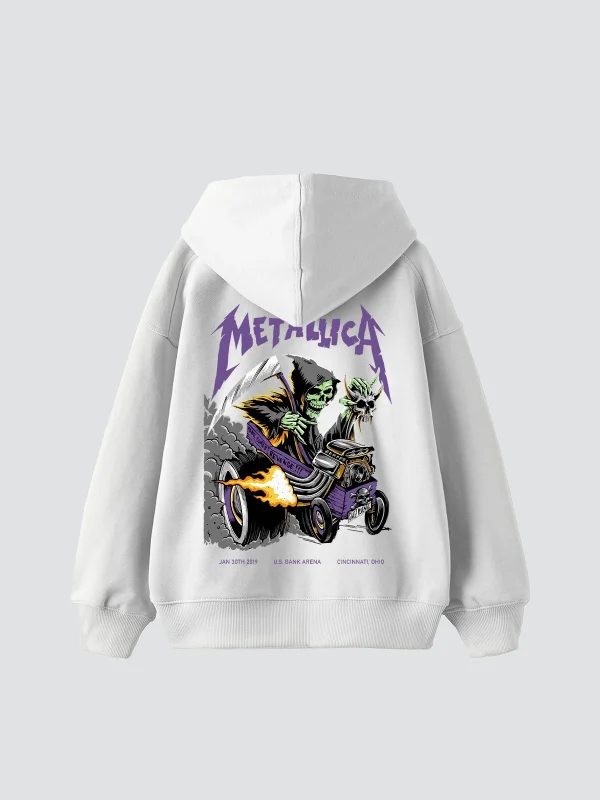 Metallica Mor Sırt Baskılı Beyaz Oversize Kapüşonlu Hoodie