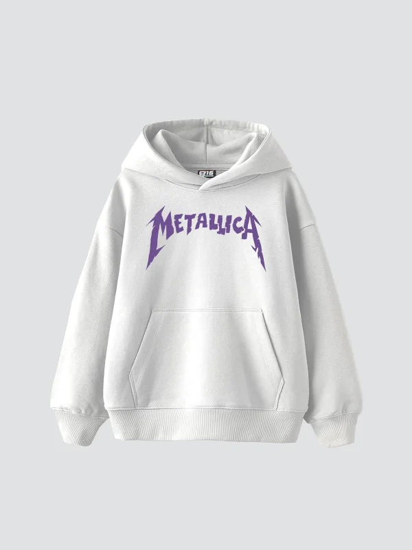 Metallica Mor Sırt Baskılı Beyaz Oversize Kapüşonlu Hoodie