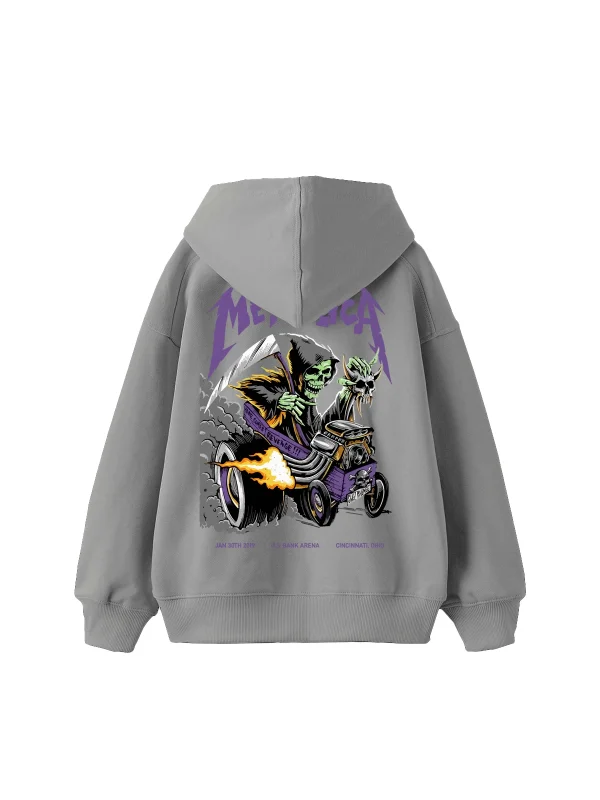 Metallica Mor Sırt Baskılı Gri Oversize Kapüşonlu Hoodie