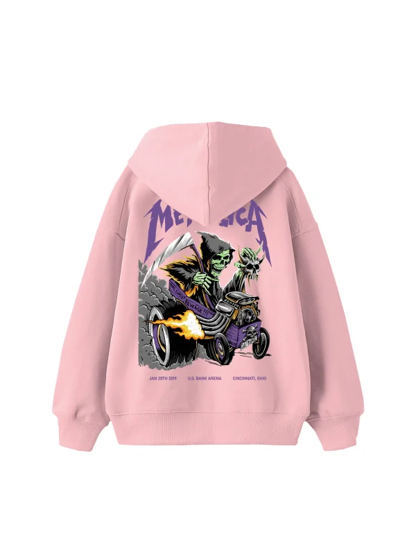 Metallica Mor Sırt Baskılı Pembe Oversize Kapüşonlu Hoodie
