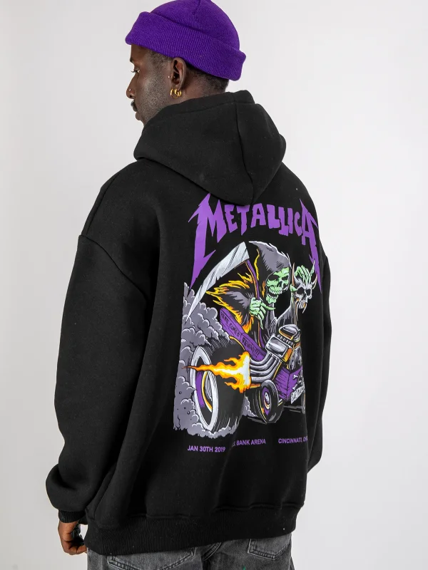Metallica Mor Sırt Baskılı Siyah Oversize Kapüşonlu Hoodie