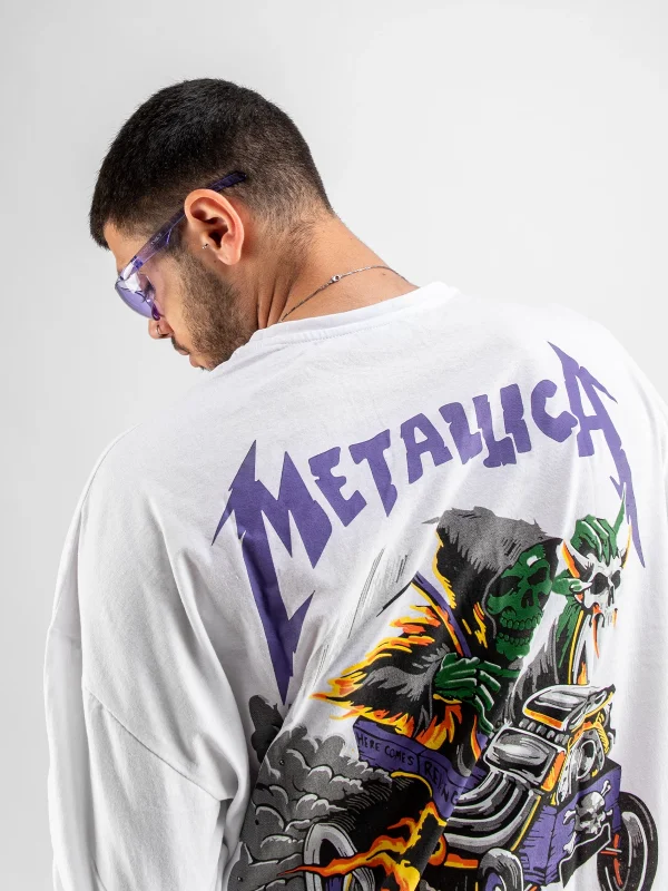 Metallica Mor Sırt Baskılı Unisex Oversize Beyaz Tshirt