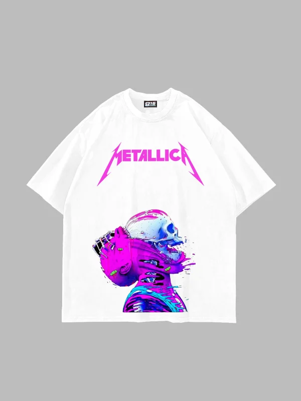 Metallica Neon Pembe Baskılı Beyaz Unisex Oversize Tshirt