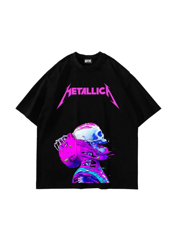 Metallica Neon Pembe Baskılı Siyah Unisex Oversize Tshirt