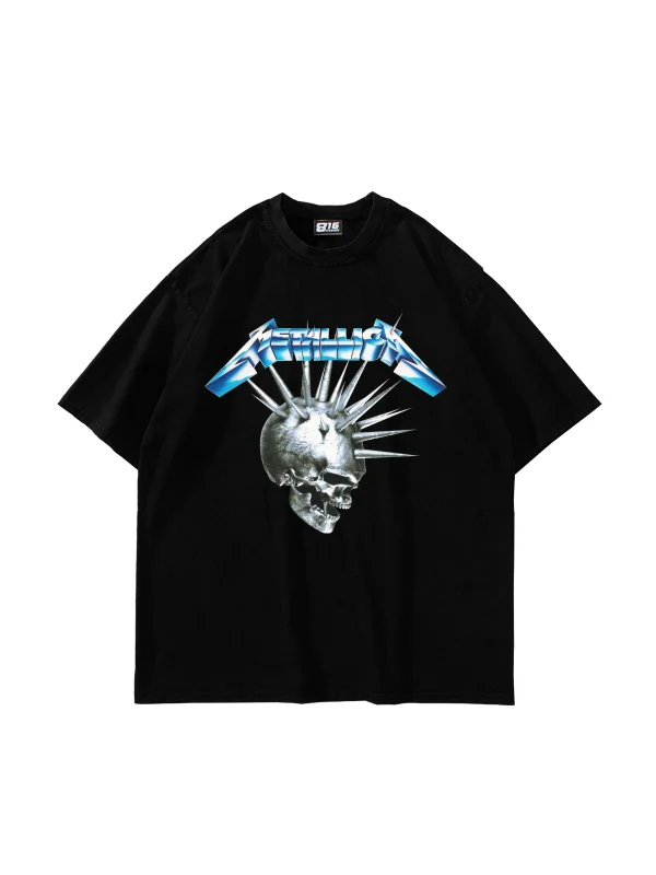 Metallica Premium Blue Skull Baskılı Oversize Unisex Siyah Tshirt