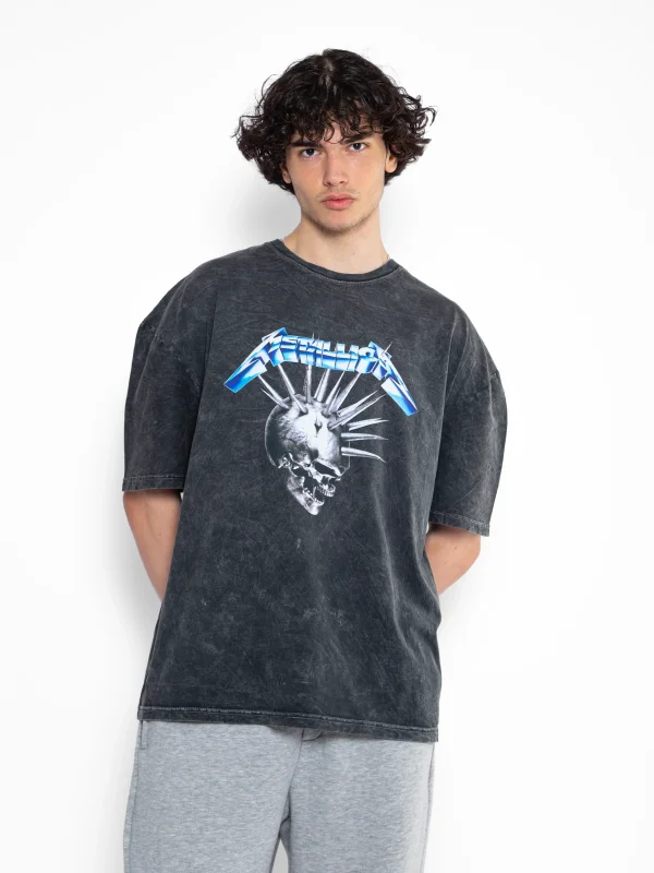 Metallica Premium Blue Skull Baskılı Oversize Unisex Yıkamalı Siyah Tshirt