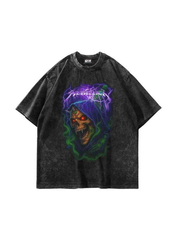 Metallica Purple Baskılı Oversize Unisex Yıkamalı Siyah Tshirt