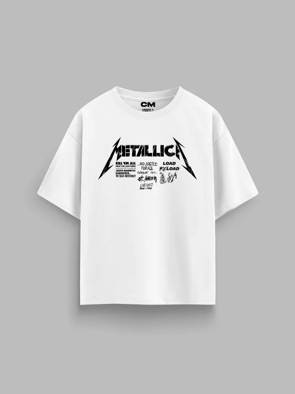 Metallica Load Reload Baskılı Rahat Kalıp 30/1 Unisex Beyaz Tshirt