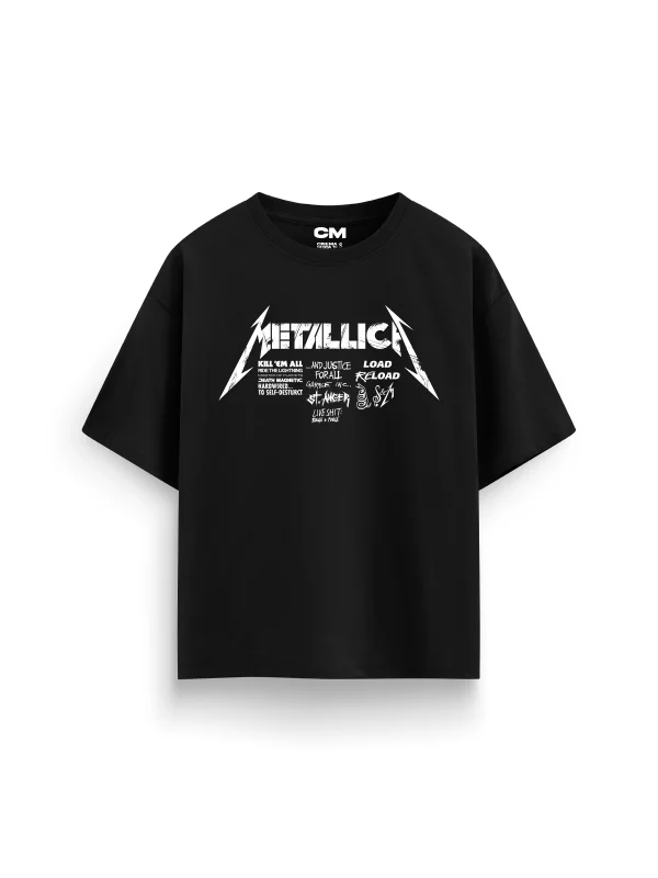 Metallica Load Reload Baskılı Rahat Kalıp 30/1 Unisex Siyah Tshirt