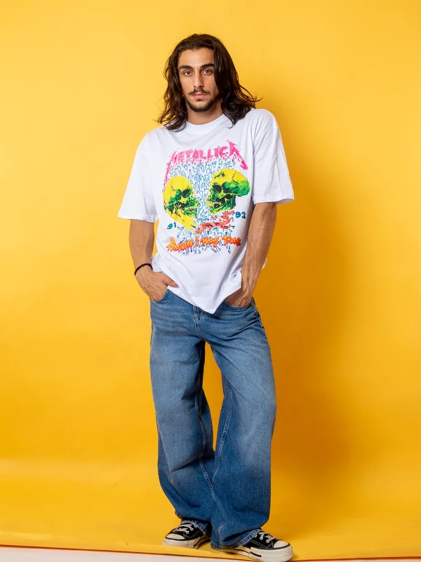 Metallica Skull Baskılı 24/1 Oversize Unisex Beyaz Tshirt
