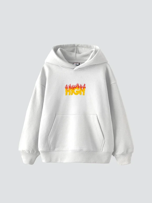 High Baskılı Oversize Unisex Premium Beyaz Hoodie
