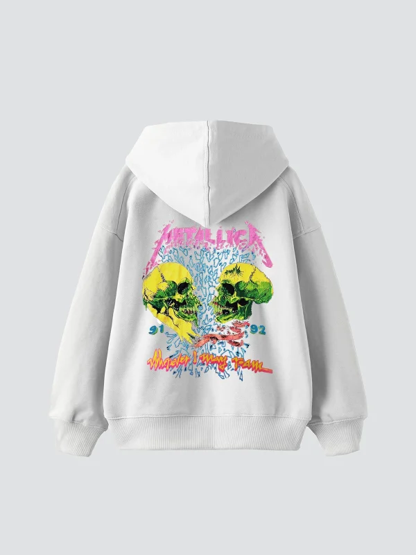 Metallica Skull Baskılı Oversize Unisex Premium Beyaz Hoodie