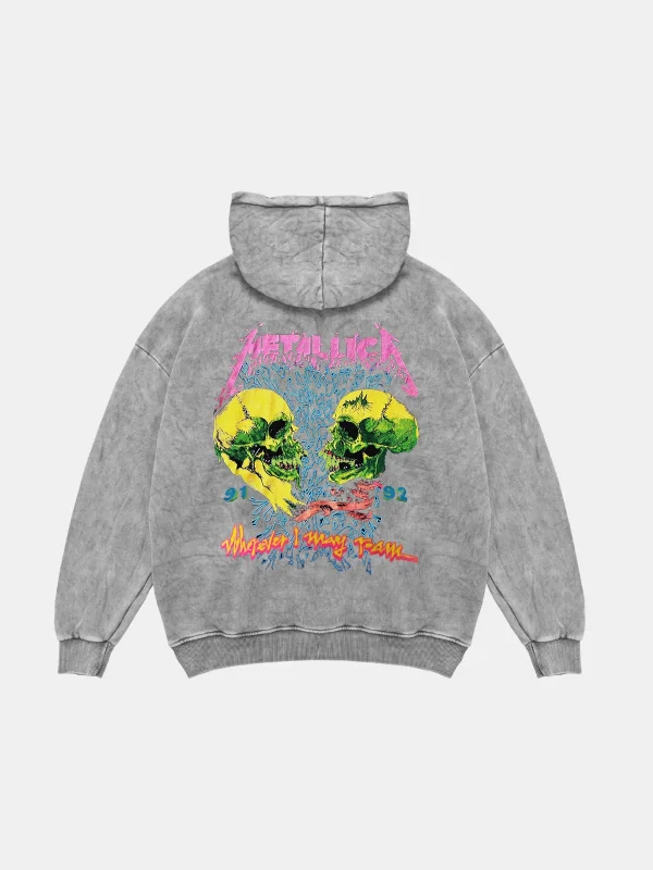 Metallica Skulls Baskılı Oversize Unisex Premium1 Yıkamalı Beyaz Hoodie