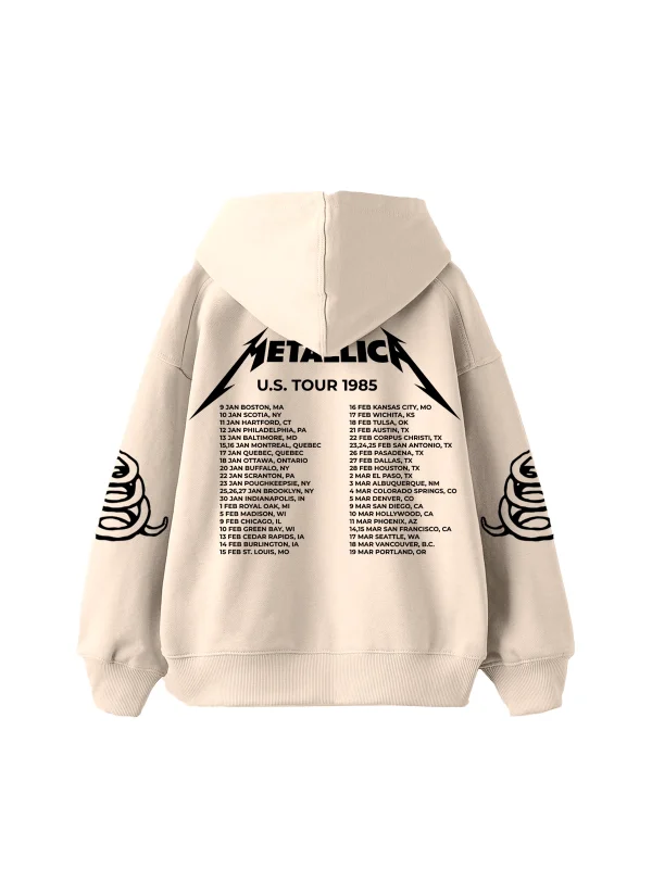 Metallica Tour 1985 Baskılı Oversize Unisex Bej Hoodie