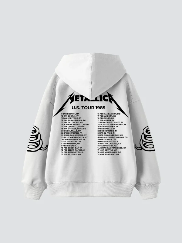 Metallica Tour 1985 Baskılı Oversize Unisex Beyaz Hoodie