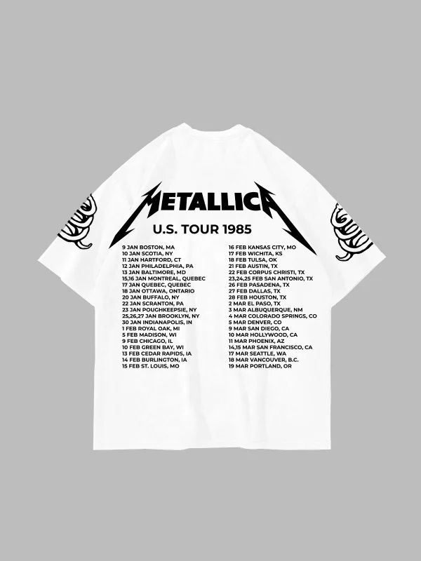 Metallica Tour 1985 Baskılı Oversize Unisex Beyaz Tshirt