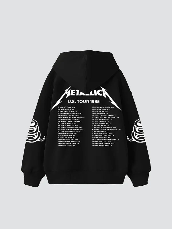 Metallica Tour 1985 Baskılı Oversize Unisex Siyah Hoodie