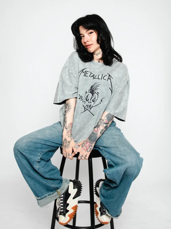 Metallifukinca Baskılı Oversize Unisex Yıkamalı Beyaz Tshirt