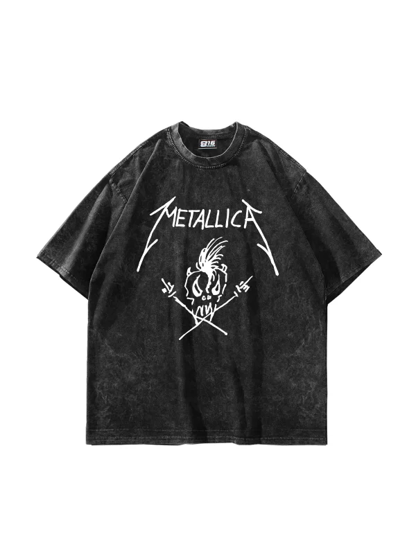Metallifukinca Baskılı Oversize Unisex Yıkamalı Siyah Tshirt
