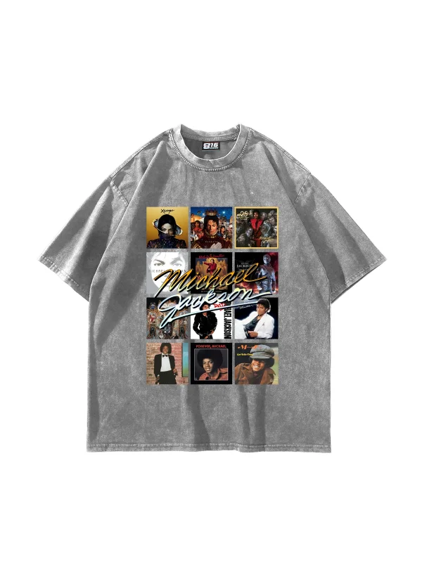 Michael Jackson Vintage Albüm Kolaj Baskılı Oversize Yıkamalı Beyaz Tişört