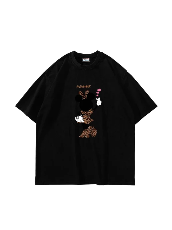 Minnie Baskılı Oversize Unisex Siyah Tshirt
