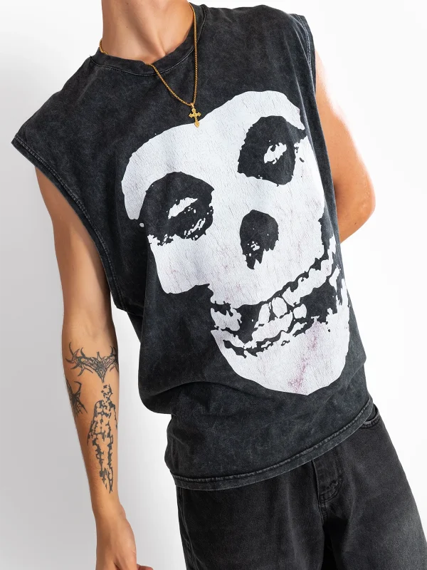 Misfits Baskılı Yıkamalı Siyah Sıfır Kol Tshirt