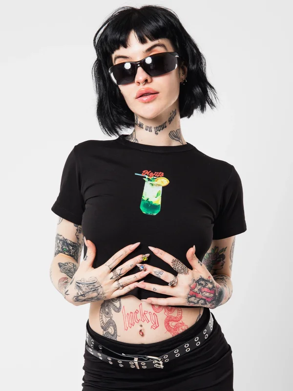 Mojito Baskılı Siyah Crop Top