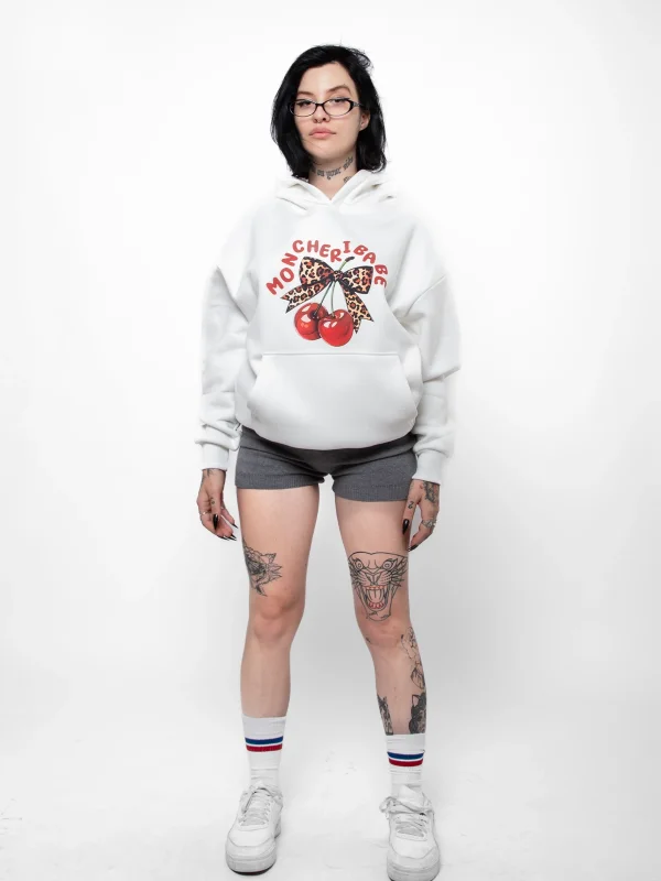 Mon Cherie Baskılı Oversize Unisex Beyaz Hoodie