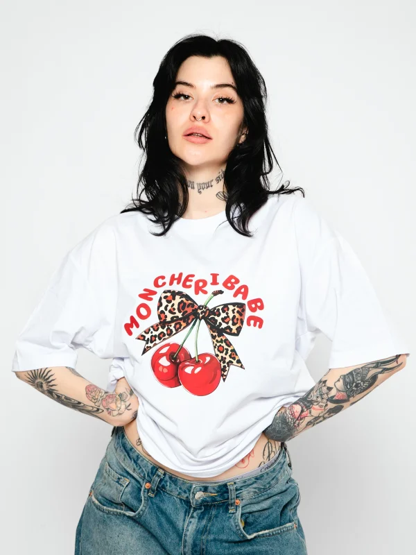 Mon Cherie Baskılı Oversize Unisex Beyaz Tshirt