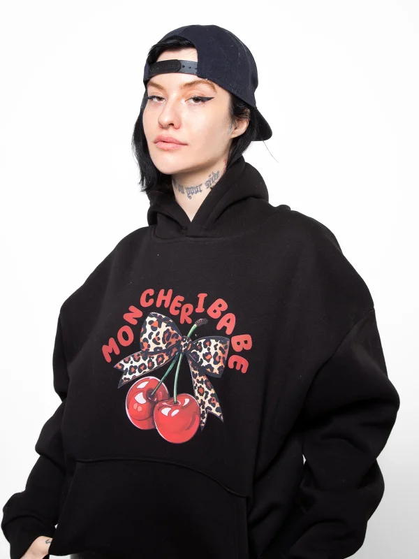Mon Cherie Baskılı Oversize Unisex Siyah Hoodie