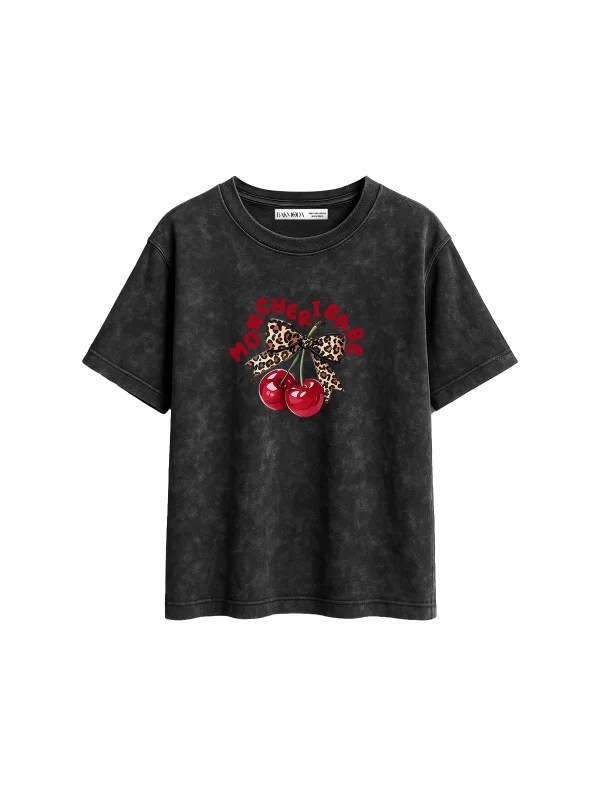 Mon Cherie Baskılı Relaxed Fit Yıkamalı Siyah Kadın Tshirt