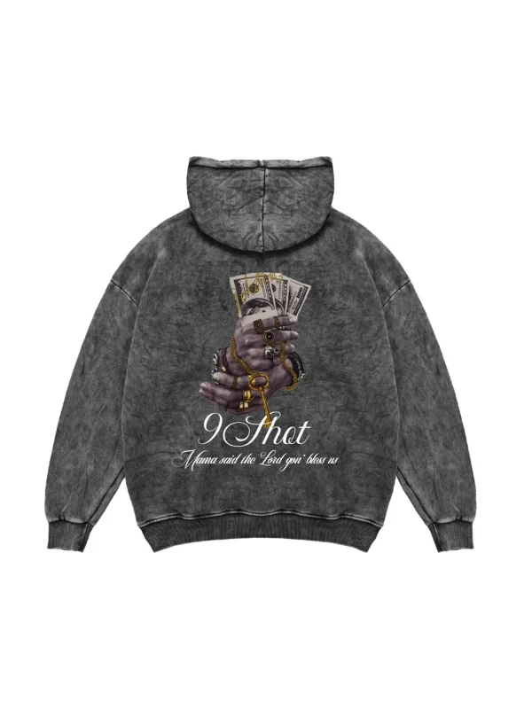 Money Hand Baskılı Oversize Unisex Premium Yıkamalı Siyah Hoodie