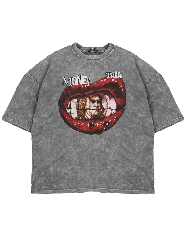 Money Talk Baskılı Yıkamalı Beyaz Unisex Oversize Tshirt