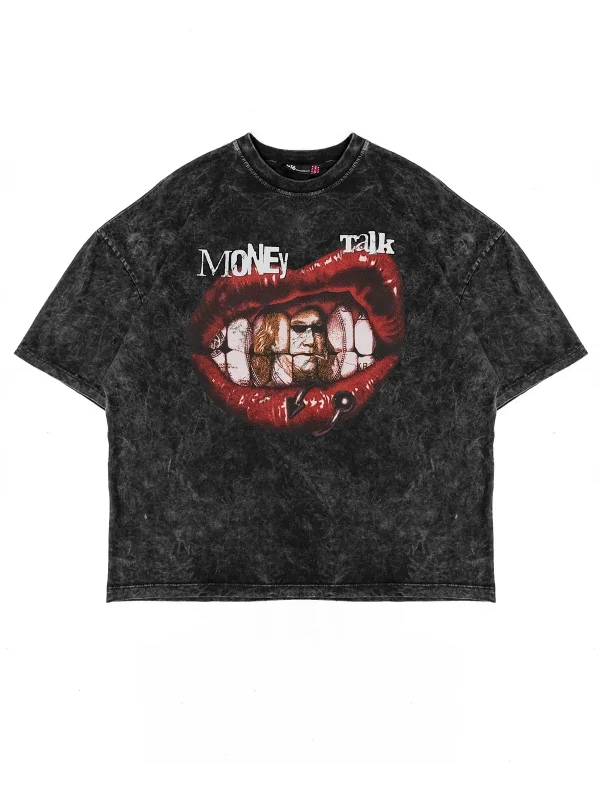 Money Talk Baskılı Yıkamalı Siyah Unisex Oversize Tshirt