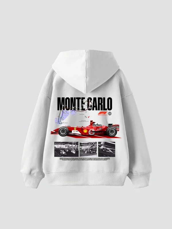 Monte Carlo Car Baskılı Oversize Unisex Premium Beyaz Hoodie