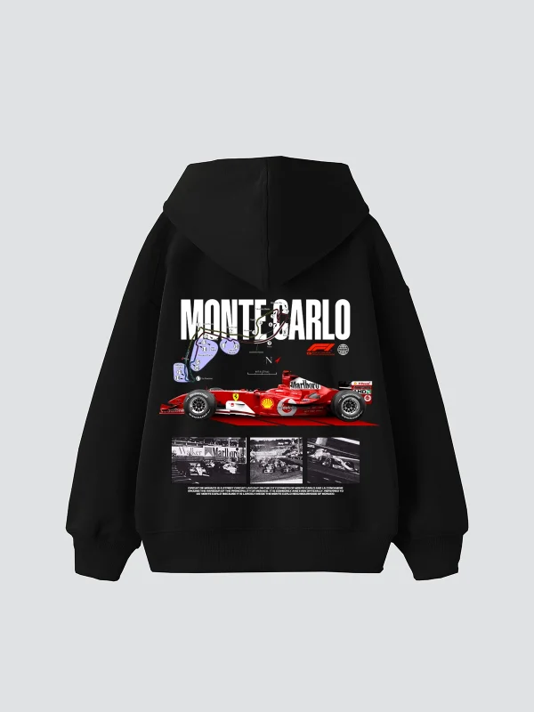 Monte Carlo Car Baskılı Oversize Unisex Premium Siyah Hoodie